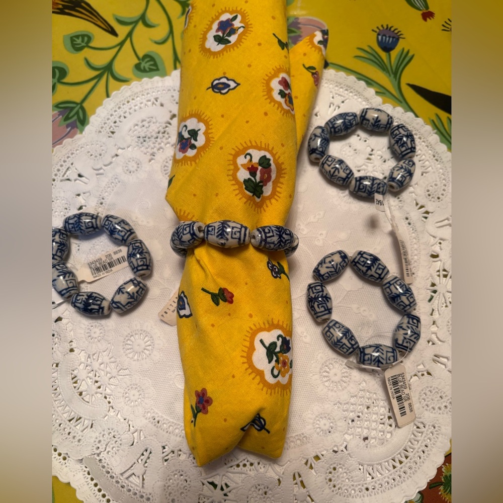 Pottery Barn Blue and White Beaded Porcelain Napkin Rings